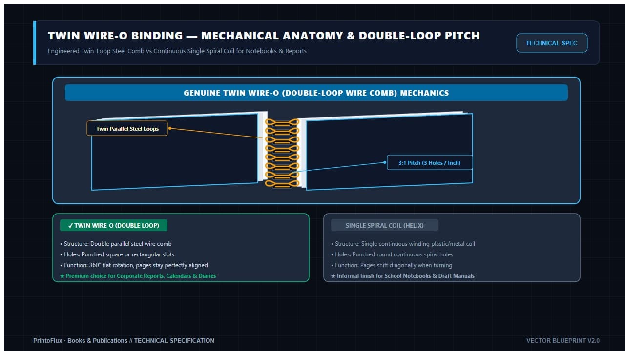 Twin Wire-O Binding: Precision double-loop wire threading allowing pages to rotate 360° and lie completely flat on a desk for easy writing and reference