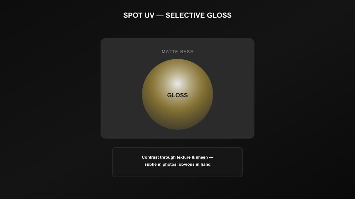 Close-up of spot UV gloss coating on a matte background, showing the selective sheen contrast